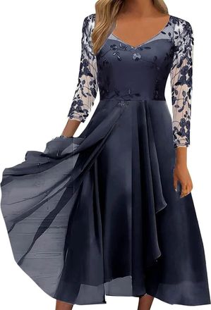 Generic Ladies Summer Dresses, Dresses For Women Uk Clearance Sexy Solid Half Sleeve Round Neck Lace Chiffon Mesh Waist Party Dresses Occasions Dresses Fancy 