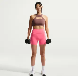 Nike Womens Universa High-Waisted 5 Biker Shorts with No Front Seam in Pink | HQ6832-897