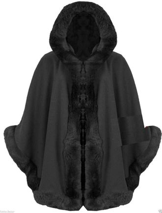 ZEE FASHION Ladies Faux Fur Trim Hooded Capes Ponchos Coat Charcoal