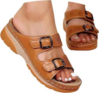 Generic Orthopedic Sandals Women Slip on Sandals for Women UK Anti Slip Open Toe Faux Leather Sandal Mesh Sports Holiday Summer Shoes Wedge Sliders Double Foo