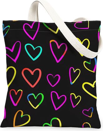 Generic Colorful Hearts Canvas Tote Bags, Stylish Heart Pattern Reusable Grocery Bags, Lightweight Washable Shoulder Strap Canvas F, Black, 13x15 Inch