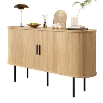STILVORA Aparador Con 2 Puertas De Persiana Corredera, Tiradores De Aluminio Y Patas De Hierro, En Mdf, 140&times;40&times;78 Cm, Natural