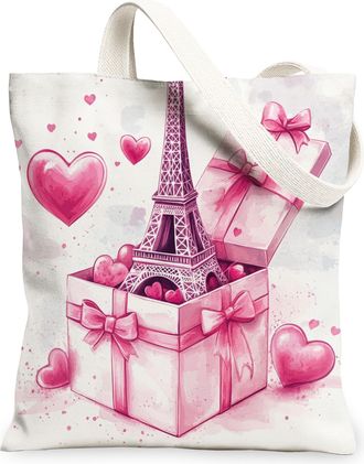 Generic Parisian Heart Canvas Tote Bags, Paris Tower Design Reusable Grocery Bags, Spring Floral Lightweight Washable Shoulder Strap Canvas for Travel 13x15 I