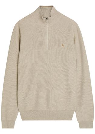Polo Ralph Lauren Logo-embroidered Half-zip Piqu&eacute; Cotton Jumper - Light Brown - Xxl