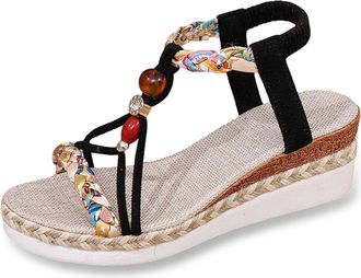 Generic 2026 Ladies Weave Round Toe Elastic Band Summer Slope Heel Thick Soled Sandals (Black, 6.5)