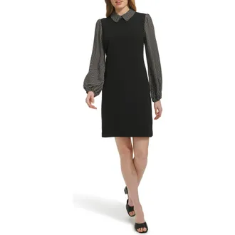 Tommy Hilfiger Polka Dot Long Sleeve Twofer Shift Dress in Black/egret at Nordstrom Rack, Size 14