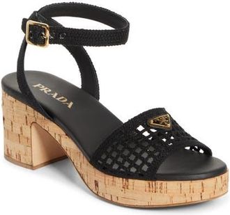 Prada Crochet Cork Platform Sandal in Black at Nordstrom, Size 10Us