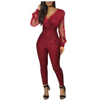 Generic Womens Jumpsuit Elegant Festive Overalls Glitter Mesh V-Neck Long Sleeve High Waist Trouser Suit Party Dungarees Sequin Overalls Work Trousers Cocktai