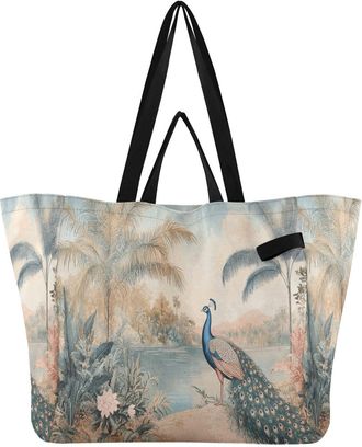 Generic Peacock Beige Palm Trees pattern Reusable Canvas Tote Bag, Heavy Duty Grocery Shopping Bag with Double Handles Large Capacity Hard Bottom Work Groceri