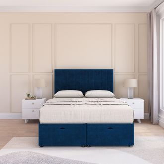 Sloomy Kansas Plush Fabric Ottoman Bed End Opening With Sprung Memory Mattress & 26 Inch Headboard in Navy | Size: Small Double
