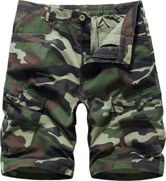 Feoya Mens Camo Cargo Shorts Cotton Elasticated Waist Camouflage Work Shorts Summer Multi Pocket Military Combat Short Casual Outdoor Utility Loose Fit Half