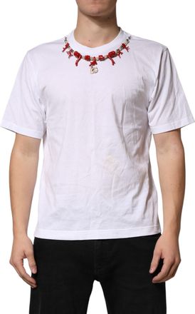 Dolce & Gabbana White Cotton Necklace Embellished Mens T-shirt (Pre-Owned)