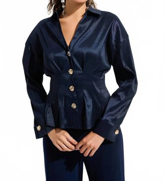 Joseph Ribkoff Pleated Taffeta Peplum Blouse In Midnight Blue