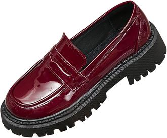 Generic Wine Feminine Loafers Patent Leather Low-Top Thick-Soled British Style for Casual Outings and Comfort