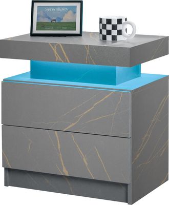 STILVORA Mesita De Noche Con 2 Cajones Y Hueco Abierto Con Led Para Dormitorio Y Salon En Madera De Ingenieria Gris Y Oro