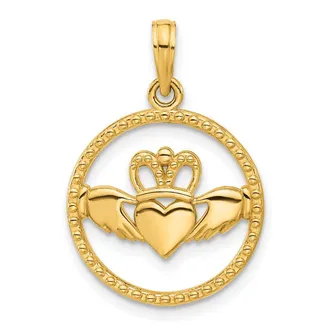 Diamond2Deal 14k Yellow Gold Polished Circle Claddagh Pendant