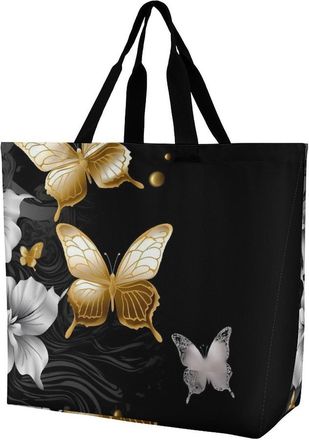 Generic Gold White Butterflies Black Grocery Bag Eco Friendly Tote Bag Large Capacity Handbags For Ladies Work Daily Use