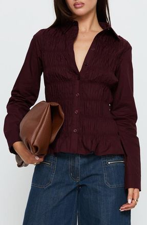 Princess Polly Cultivate Smocked Cotton Button-Up Shirt in Plum at Nordstrom, Size 12