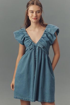 endless rose Sleeveless V-Neck Denim Babydoll Mini Dress