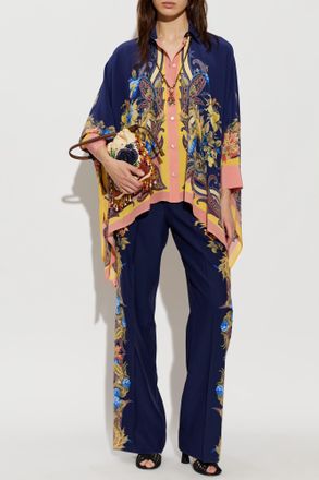 Etro Silk Pleated Trousers, Womens, Navy Blue