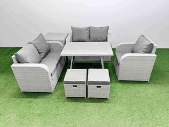 Fimous 7 Seater Rattan Garden Furniture Set Love Sofa Reclining Chair Sets in Light Grey