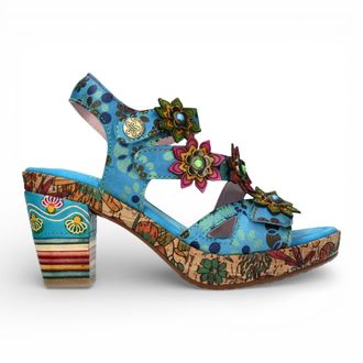 Laura Vita Laura Vita Nellao 33 damessandalen met sleehak, blauw met bloemenprint, van leer