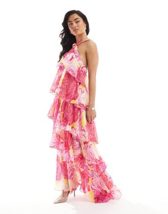 Vero Moda Felicia halter neck tiered maxi dress with corsage detail in fuchsia flower print-pink
