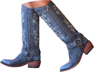 Generic Cowboy Boots for Women,Embroidered Mid Calf Cowgirl Boots,Wide Calf Low Heel Western Booties,Leather Knee High Cowboy Booties for Women,Classic Side Z