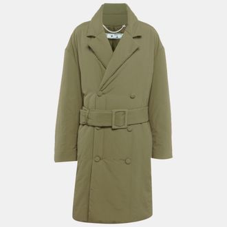 Off-white Green Synthetic Double Breasted Trench Coat
