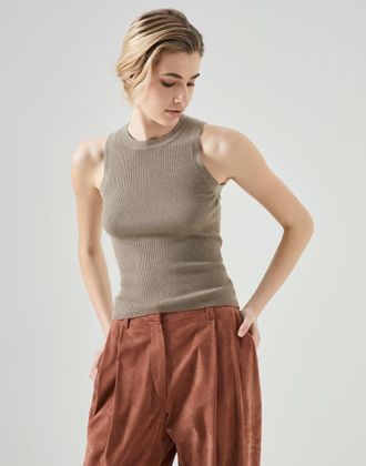 Brunello Cucinelli Brown Cashmere Sleeveles Womens T-Shirt