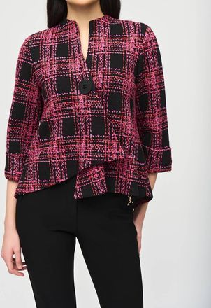 Joseph Ribkoff Jacquard Knit Swing Jacket In Black/pink Plaid