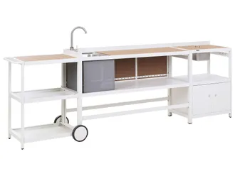 Beliani Set Di 3 Cucina Da Esterno In Alluminio Mobile Portaoggetti Isola Lavello E Secchiello Per Ghiaccio Carrello Da Patio Bianco Ortisei