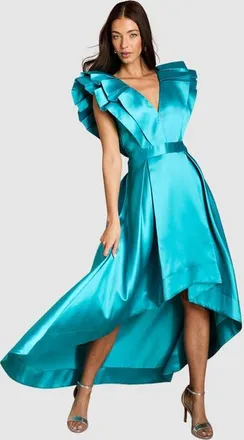 Coast V-Neck High Low Midi Dress in Teal at Nordstrom, Size 10