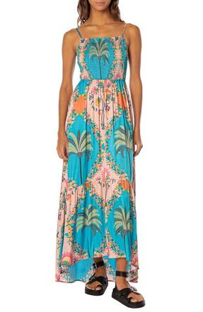 Maaji Isadora Arabian Palm Smocked Cover-Up Maxi Dress in Aquamarine at Nordstrom, Size Medium