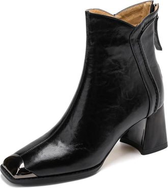 TinaCus Metal Square Toe Genuine Leather Handmade Back Zipper Mid Chunky Heels Womens Ankle Boots, Black, 2.5 UK