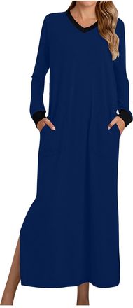 Generic U-520 Royal Blue Women Long Sleeve Pajamas Loose Fit Dresses Pajamas Night Gowns for Women Vneck Spandex Brunch Plain Maxi Long Pajamas 2024 Clothing 