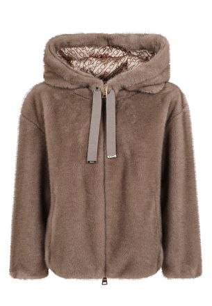 Herno Plush Faux Fur Bomber Jacket With Hood And Adjustable Fit