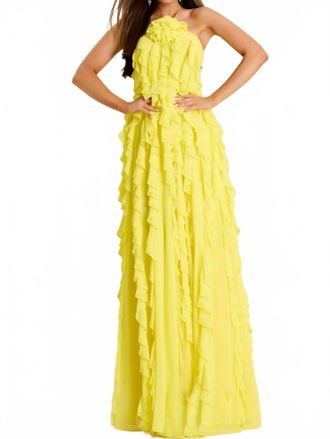 Jovani Halter Gown With Cascading Ruffle Layers In Yellow