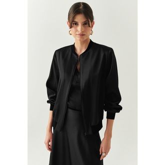 Exquise Lacey Satin Bomber Jacket in Black at Nordstrom, Size Xx-Large