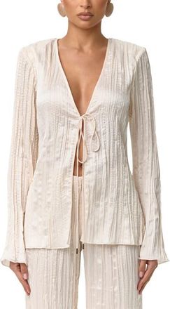 Naked Wardrobe Pliss&eacute; Tie Front Satin Top in Crema at Nordstrom, Size X-Large