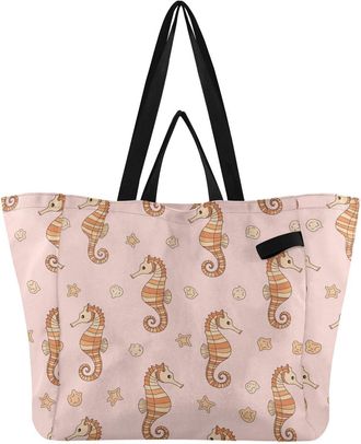 Generic Seahorse Pink pattern Reusable Canvas Tote Bag, Heavy Duty Grocery Shopping Bag with Hard Bottom Double Handles Large Capacity Work Groceries Travel