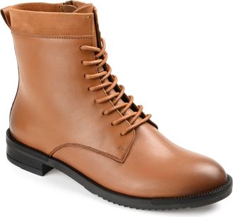 Journee Collection Womens Genuine Leather Natara Round Toe Stacked Combat Booties