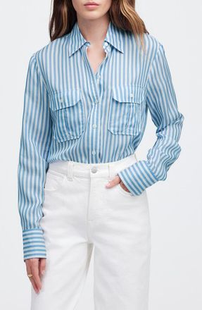 Madewell Stripe Utility Pocket Button-Up Shirt in Waterfall at Nordstrom, Size 4