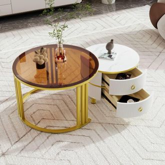 Merax Modern 2-Piece Nesting Coffee Table Set with Tempered Glass & Drawers in White