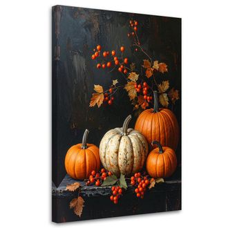 Feeby Cuadro En Lienzo, Composici&oacute;n Oto&ntilde;al Con Calabazas Decoraci&oacute;n En Colores C&aacute;lidos Sobre Fondo Oscuro, 80x120