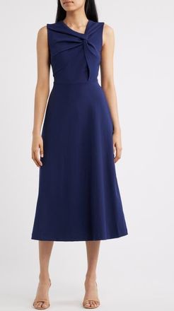 Anne Klein Twist Neck A-Line Midi Dress in Deeep Navy at Nordstrom, Size 16