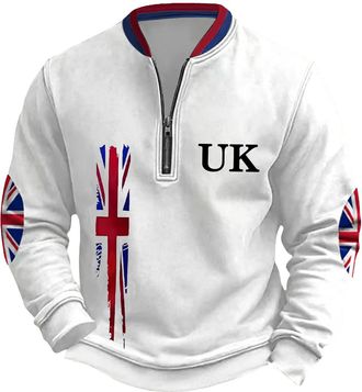 Generic Mens Union Jack Sweatshirt Half Zip Long Sleeve Jumpers Bunting Flags Print Great Britain Pullover Winter Warm Tops Plus Size (A8-White, L)