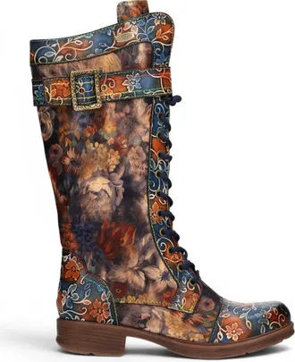 Laura Vita Womens Blue Floral Victorian Leather High Combat Long Boots - Anitao-21