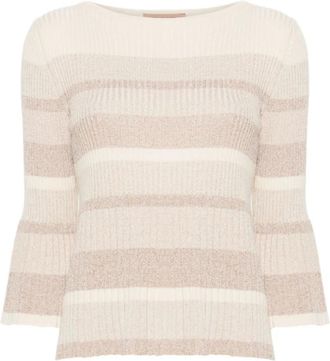 Twinset Gestreepte Gebreide Trui - Dames - Ronde hals truien - Beige - L - Katoen - Truien & Vesten