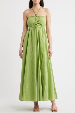 Parker Ruched Halter Neck Cotton Maxi Sundress in Tendril at Nordstrom, Size 10